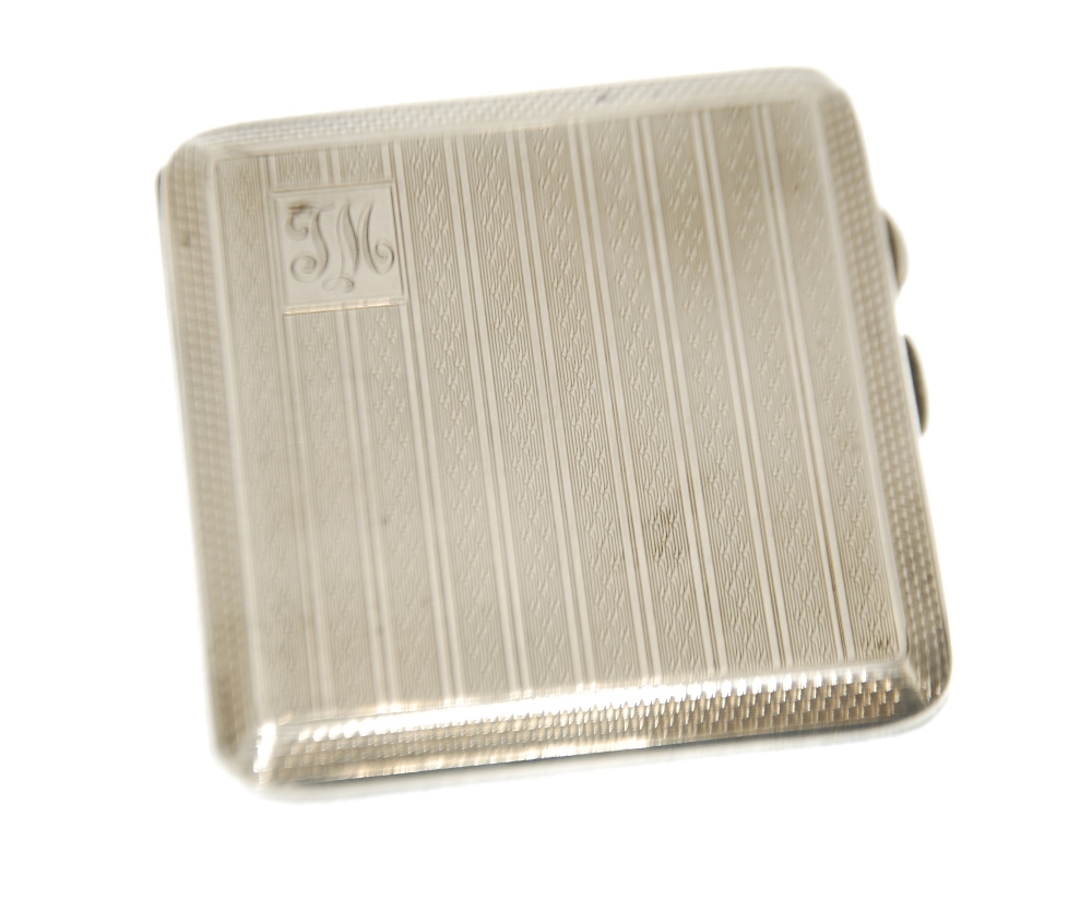 GEORGE V ENGINE TURNED SILVER POCKET CIGARETTE CASE, of canted oblong form, initialled, 3 1/4" x 3