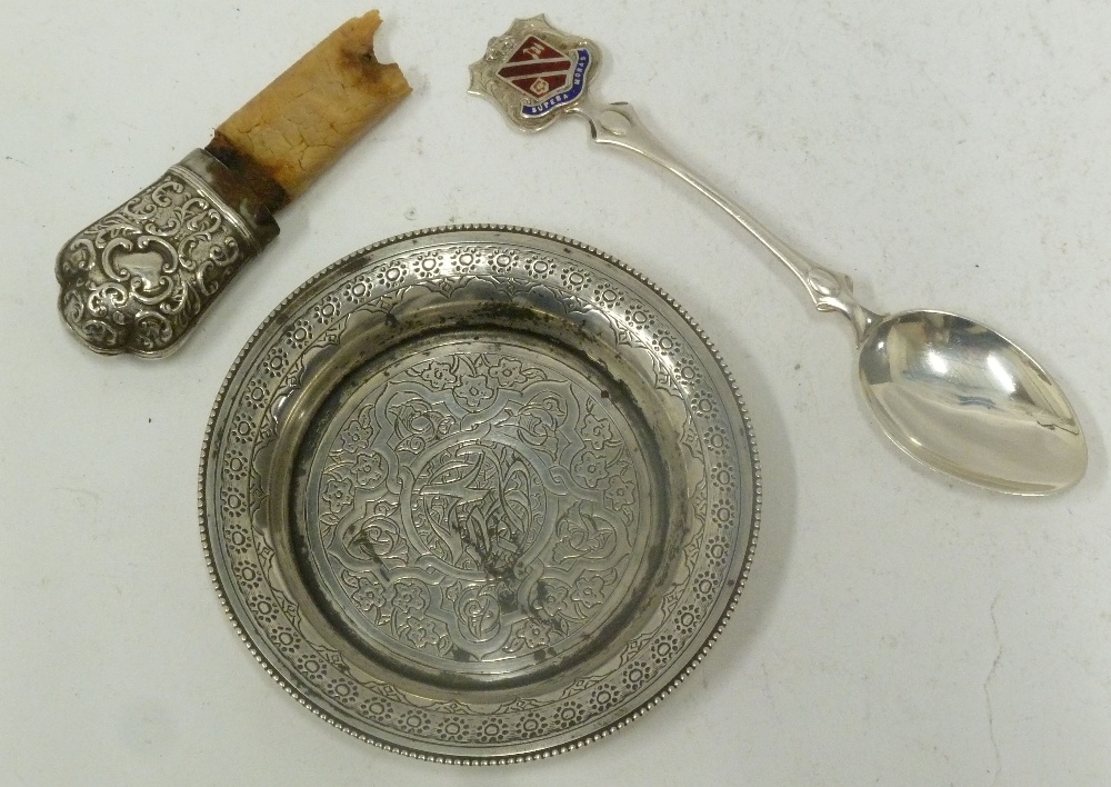 SILVER SOUVENIR SPOON, the top with enamelled coat of arms, Birmingham 1925, Middle Eastern chased