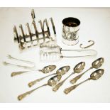 SET OF SIX VICTORIAN SILVER TEASPOONS, 1847; a STAMPED SILVER CHRISTENING MUG, Chester 1904 (as