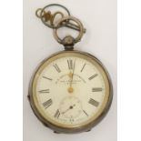 SWISS SILVER CASED POCKET WATCH with key wind movement, the white roman dial having subsidiary