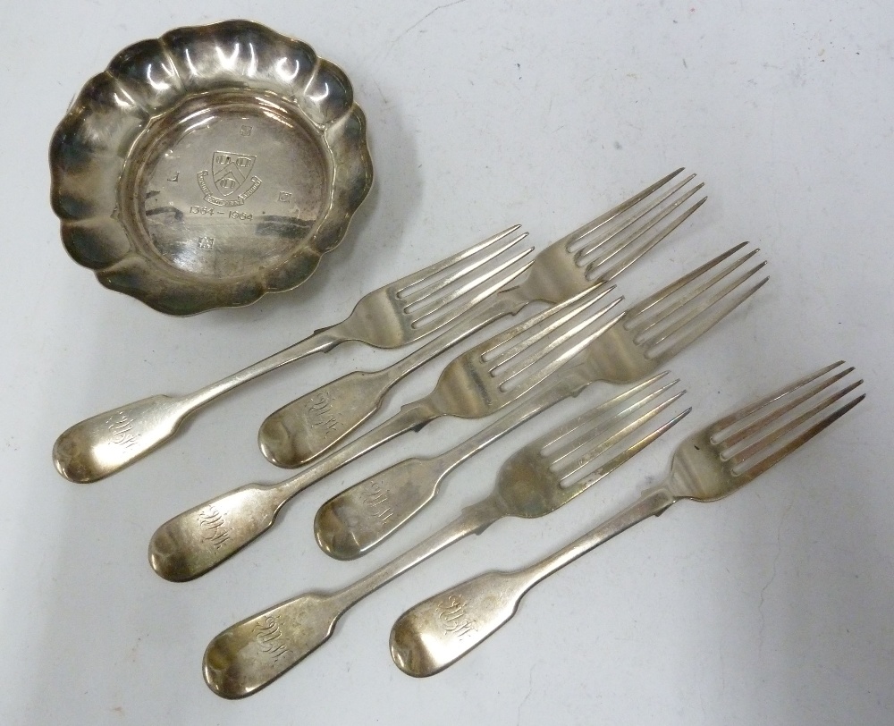 SET OF SIX VICTORIAN SILVER FIDDLE PATTERN DESSERT FORKS, monogrammed, Newcastle 1852, makers