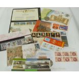 SIX NUMISMATIC FIRST DAY COVERS AND FOUR BLOCKS OF BRITISH PICTORIAL ROYAL MAIL STAMPS, including