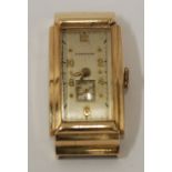 LONGINES CIRCA 1940'S GENTLEMANS 14CT GOLD CASED OBLONG WRIST WATCH having 17 jewel movement stamped