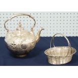 E.P TEA KETTLE WITH HOOP HANDLE side hinged domed lid and the globular body, repousse with fruit