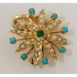 EDWARDIAN 15ct GOLD STAR SHAPED BROOCH/PENDANT set with centre green gemstone, seed pearls and