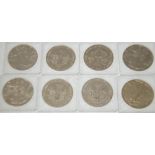 8 USA. ONE DOLLAR 'SILVER EAGLE' UNCIRCULATED COINS, each 1oz of Fine Silver, 1986-1993, in