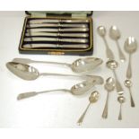 GEORGE III AND LATER SILVER CUTLERY, comprising; PAIR OF FIDDLE PATTERN TABLE SPOONS, by James Bede,