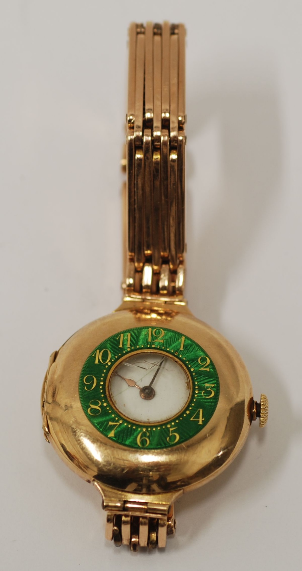 LADY'S SWISS 15ct GOLD AND ENAMELLED DEMI-HUNTER WRIST WATCH, with mechanical movement, white