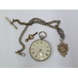 SILVER CASED OPEN FACE POCKET WATCH WITH ENGINE TURNED DECORATION having key wind movement, white