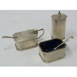 ART DECO THREE PIECE SILVER CONDIMENT SET by Walker and Hall of plain canted oblong form with