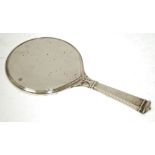 ARTS AND CRAFTS STYLE LADY'S SILVER HANDLE MIRROR, with circular plate and embossed handle, marks