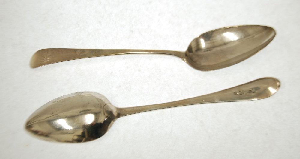 TWO GEORGE III SILVER TABLE SPOONS, monogrammed, Edinburgh 1802, makers mark for W & P Cunningham