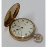WALTHAM, U.S.A. 9ct GOLD HUNTER POCKET WATCH, with keyless movement, white Roman dial, with