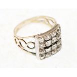 ANTIQUE GOLD WIRE PATTERN RING, framed rectangular top set with sixteen small old cut diamonds,