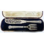 PAIR OF VICTORIAN SILVER FISH SERVERS with Kings pattern handles, the knife with foliate scroll