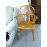 VICTORIAN LOW BACKED WINDSOR OPEN ARMCHAIR, WITH PIERCED SPLAT BACK AND 'H' STRETCHER (VARISHED