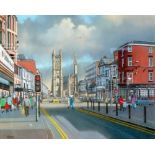 PATRICK BURKE (modern) PASTEL DRAWING A Northern street scene, probably Bolton town centre, with