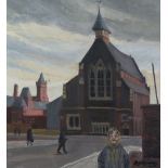 ROGER HAMPSON (1925 - 1996) OIL PAINTING ON BOARD 'Dockside Church, Cardiff' Signed, titled and