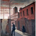 ROGER HAMPSON (1925 - 1996) OIL PAINTING ON BOARD 'The Tryst - Vernon Street, Bolton' Signed lower