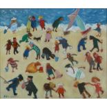 •SUE ATKINSON (b.1949) OIL PAINTING ON BOARD 'Busy Bodies, Runswick Bay' Signed lower left,