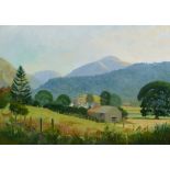 PHILIP MACLEOD COUPE (1944 - 2013) OIL PAINTING ON BOARD Lake District view with Rosthwaite in the