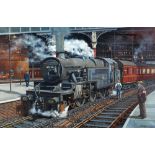 PATRICK BURKE OIL PAINTING ON CANVAS Steam locomotive No. 42456 with passenger coaches in a