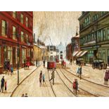 •ARTHUR DELANEY (1927 - 1987) OIL PAINTING Street scene with tram, figures and cars parked Signed 9"