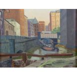 JOHN (20th CENTURY) OIL PAINTING 'Rochdale Canal, in central Manchester' Signed 13 3/4" x 17 3/4" (