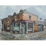 TOM BROWN (b. 1933) WATERCOLOUR DRAWING Salford street scene with figure leaving a corner shop