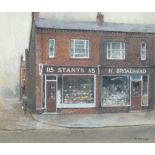 TOM BROWN (b. 1933) PASTEL DRAWING Salford street scene, figure with shops ('Stants', 'Broadhead'