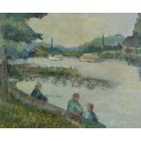 BETTY LEUW GREEN (1918 - 2014) OIL PAINTING ON CANVAS River scene with figures fishing in the