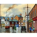 PATRICK BURKE PAIR OF OIL PAINTING ON CANVAS-BOARD Northern street scene with trams and figures