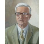 PHILIP MACLEOD COUPE (1944 - 2013) OIL PAINTING ON BOARD Shoulder portrait of a gentleman wearing