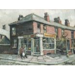 TOM BROWN (b. 1933) OIL PAINTING ON BOARD 'Corner Shop, Salford' Signed and dated (19)'71, lower