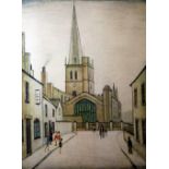 •LAURENCE STEPHEN LOWRY (1887 - 1976) ARTIST SIGNED COLOUR PRINT 'Burford Church' Signed and