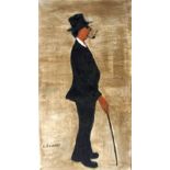 ATTRIBUTED TO L. S. LOWRY OIL PAINTING ON BOARD Man in black suit and hat holding a walking stick