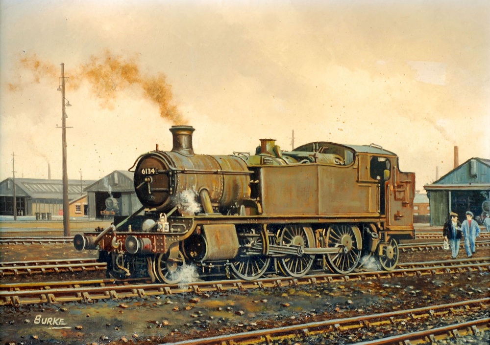 PATRICK BURKE OIL PAINTING ON BOARD Tank engine No 6134 with sheds beyond Signed 9 1/2" x 13 1/4" (
