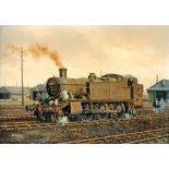 PATRICK BURKE OIL PAINTING ON BOARD Tank engine No 6134 with sheds beyond Signed 9 1/2" x 13 1/4" (