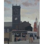 ROGER HAMPSON (1925 - 1996) OIL PAINTING ON BOARD 'St. "George's, Bolton' Signed, titled and