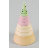 CLARICE CLIFF FOR NEWPORT POTTERY 'BIZARRE' CONICAL SUGAR CASTOR, banded in tones of green, pink and