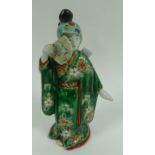 A JAPANESE ARITA PORCELAIN POLYCHROMED FIGURE OF A BIJEN HOLDING A FAN (restored), a PAIR OF