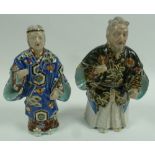 TWO JAPANESE KUTANI POLYCHROMED FIGURES, probably elderly husband and wife, both with Kutani marks