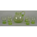 KRISTALUNIE, 'ROZENDAAL' GREEN GLASS WATER SET OF 7 PIECES, comprising; GLOBULAR JUG, with high