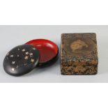 JAPANESE BLACK LACQUERED AND GILT BOX AND COVER, of oblong form, the cover well painted with a