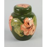 WALTER MOORCROFT 'HIBISCUS' DESIGN TUBE LINED POTTERY GINGER JAR AND COVER, of typical form, painted