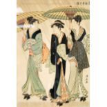 JAPANESE WOOD BLOCK PRINT, COLOURED Three Geishas 15" x 10" (38.1cm x 25.4cm) framed and glazed