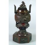 JAPANESE CAST BRONZE KORO AND COVER, mid brown patination, modelled with shi-shi pattern finial