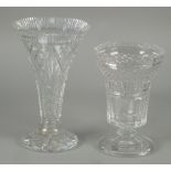 TWO WATERFORD CUT GLASS VASES, one of pedestal thistle form with knopped stem, plain foot and fan