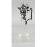 A WMF ART NOUVEAU SILVER PLATES WHITE METAL MOUNTED AND ETCHED CLEAR GLASS DECANTER JUG, the mount