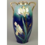 KARLSBAD, AUSTRIAN TWO HANDLED PORCELAIN VASE, of ovoid form with angular scrolled handles,